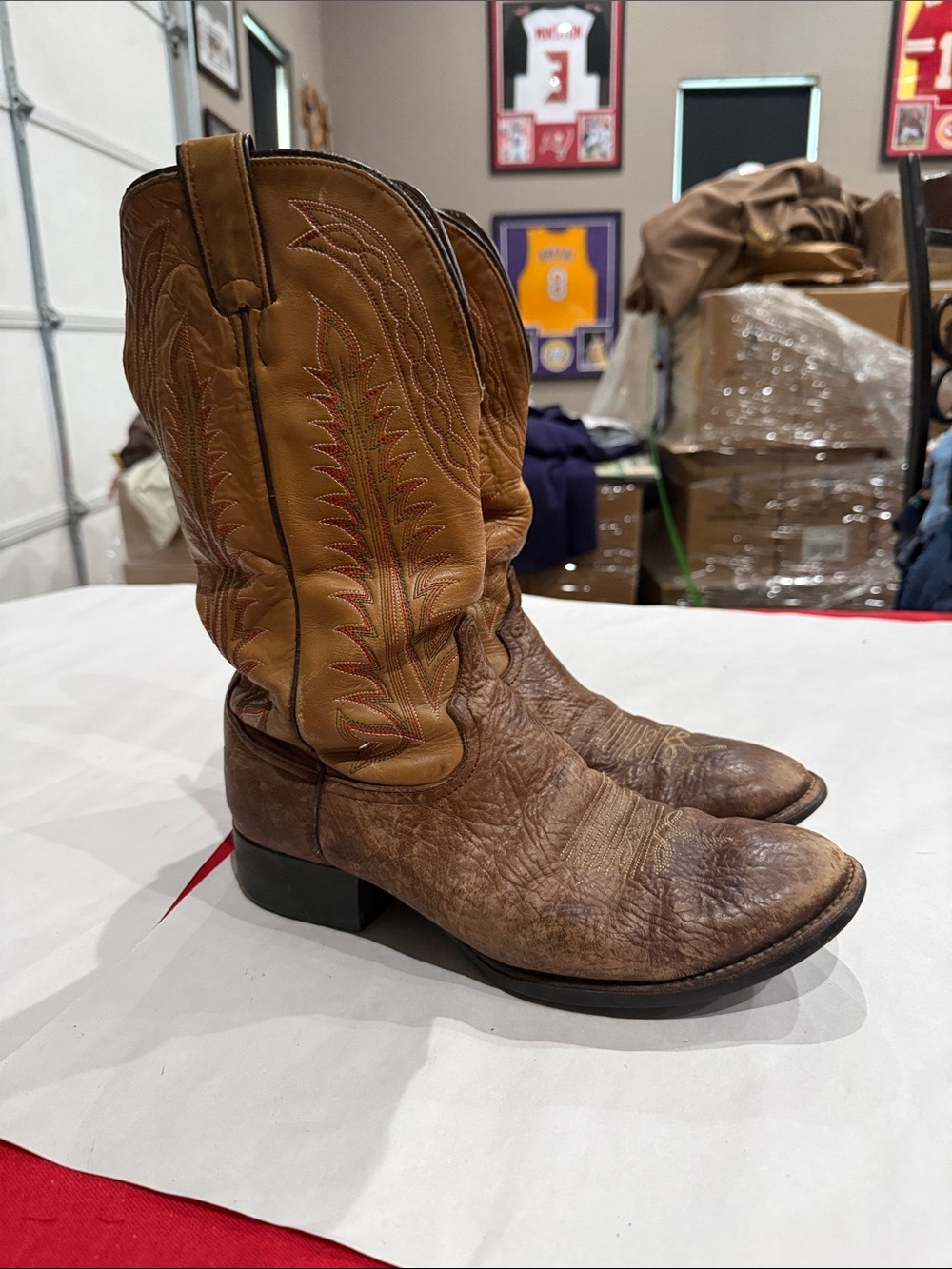 Tony Lama Brown Tan Western Cowboy Boots with Embroidered Shaft